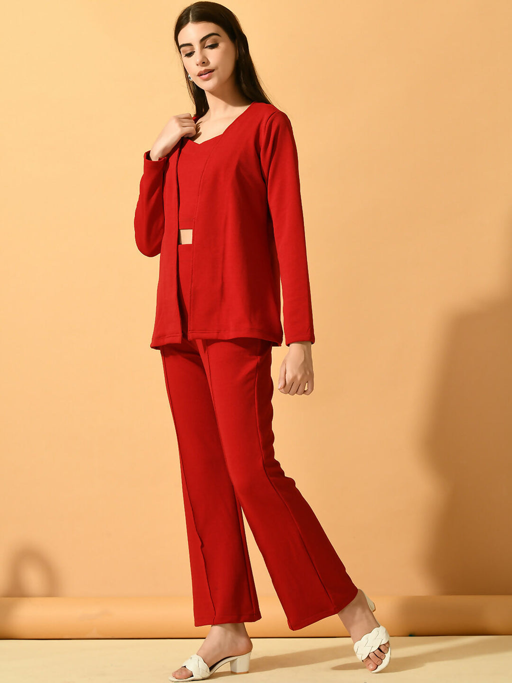 Myshka Women's Red Solid Coat With Trousers