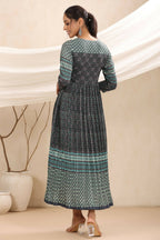 Juniper Bottle Green Muslin Festive Printed Flared Dress For Women - Distacart