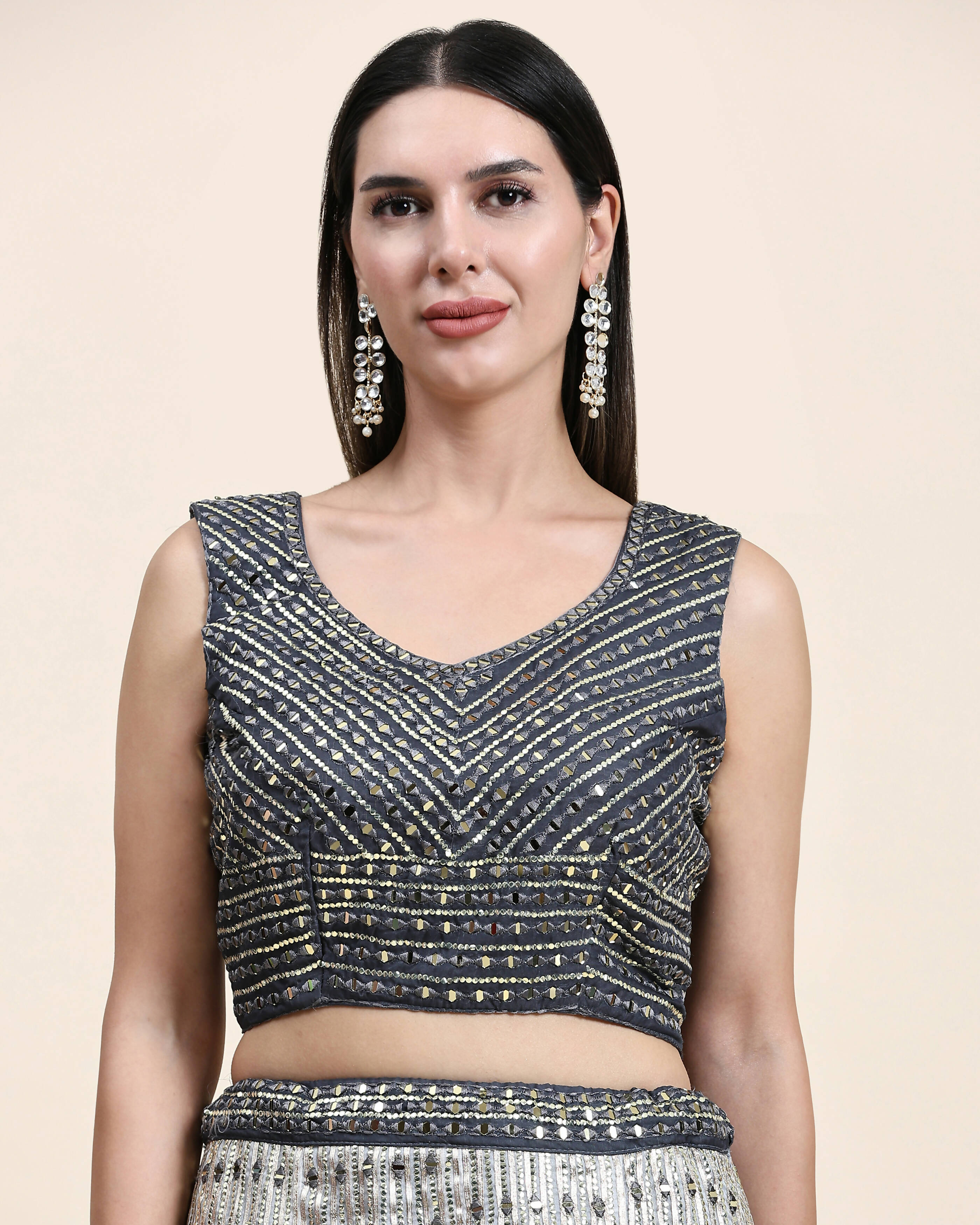Grey Organza Mirror With Coding Work Lehenga Choli with Dupatta - Tanya