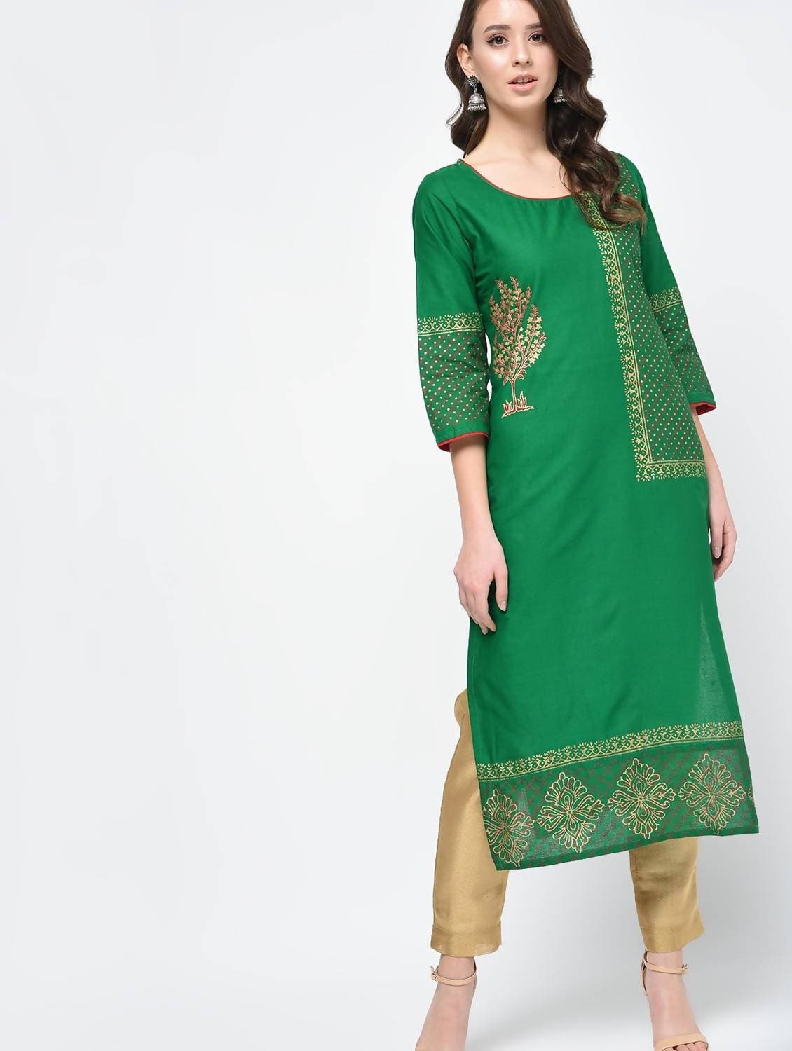 Cheera Hand Block Print Green Color Straight Kurta
