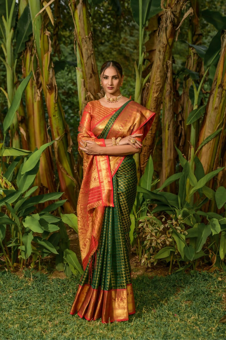 Jyoti Fashion Women's Bottle Green Kanjivaram Silk Zari Woven Saree with Blouse - Distacart