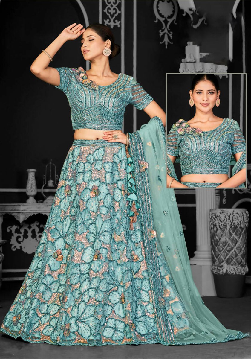 Aqua Blue Net Semi-Stitched Bridal Lehenga - Nimayaa Bonanza