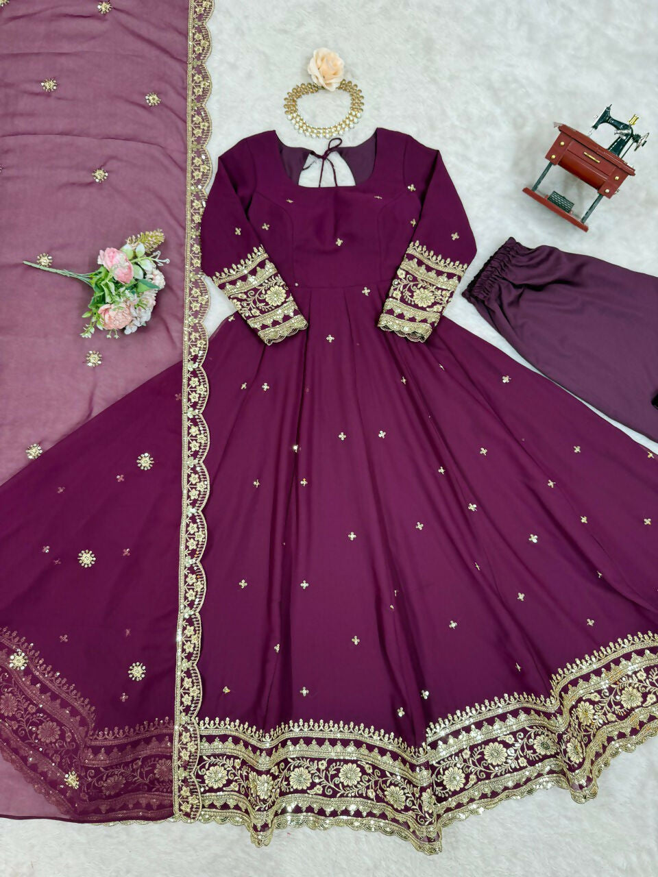 The52 Women's Beautiful Faux Georgette Fabric Embroidery Work Flared Anarkali Pant and Dupatta Set - Distacart