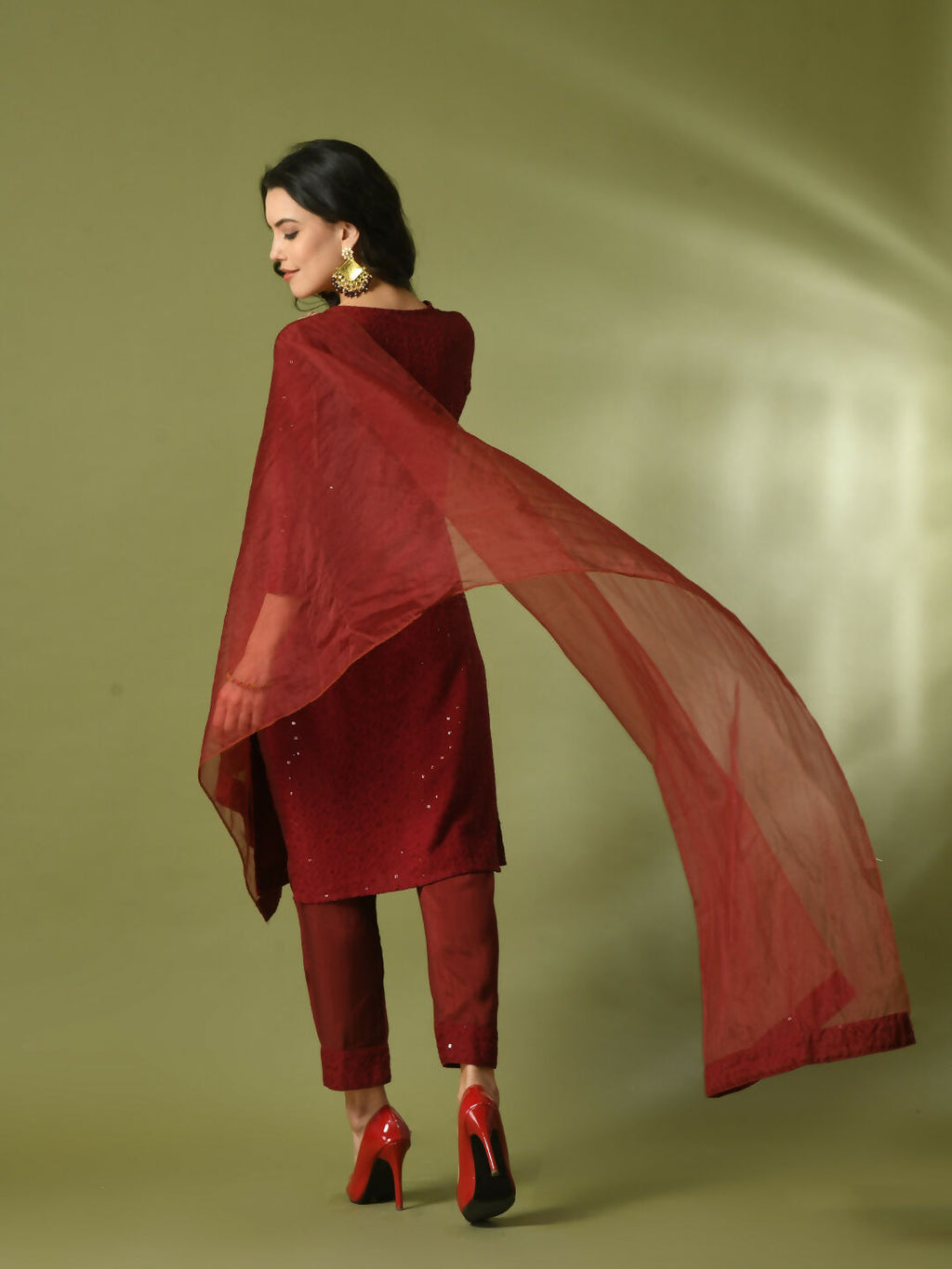 Myshka Women's Maroon Embroidered Cotton Straight Party Kurta Set With Dupatta