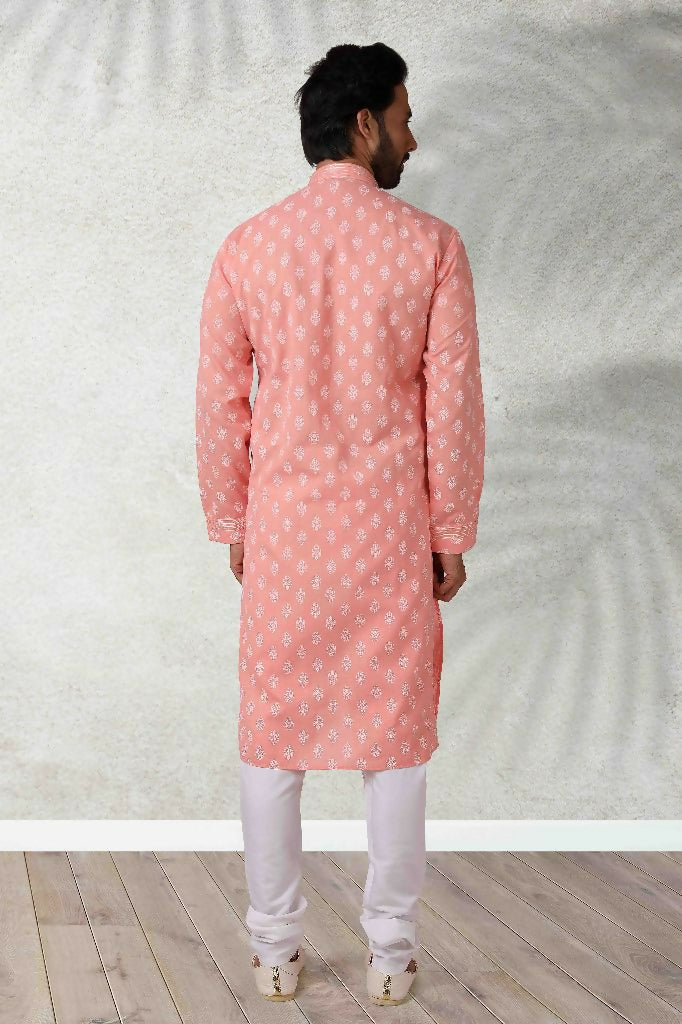 Raivat Ethnic Cotton Printed Work Kurta Pajama In Pink Colour