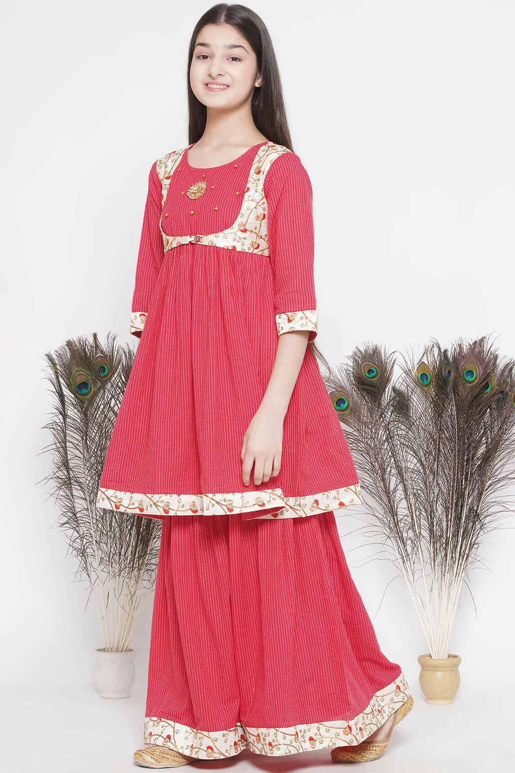 Little Bansi Floral Embroidery Jacket With Cotton Kantha Frock Sharara And Dupatta With Ghungroo Handwork - Red