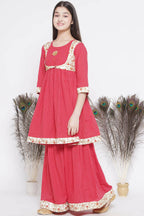 Little Bansi Floral Embroidery Jacket With Cotton Kantha Frock Sharara And Dupatta With Ghungroo Handwork - Red
