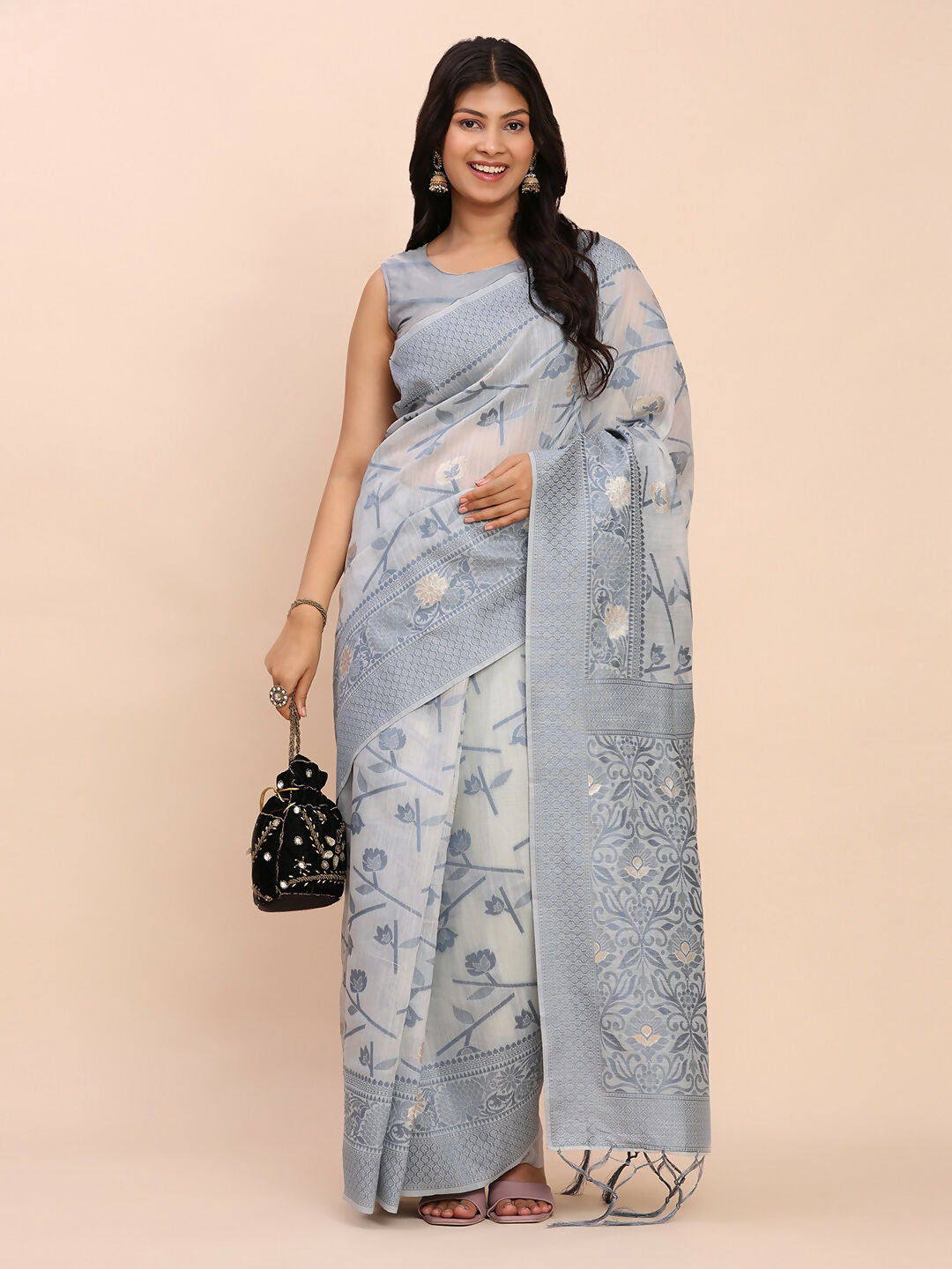 Shree Shyam Fashion Linen Cotton Grey Saree - Distacart