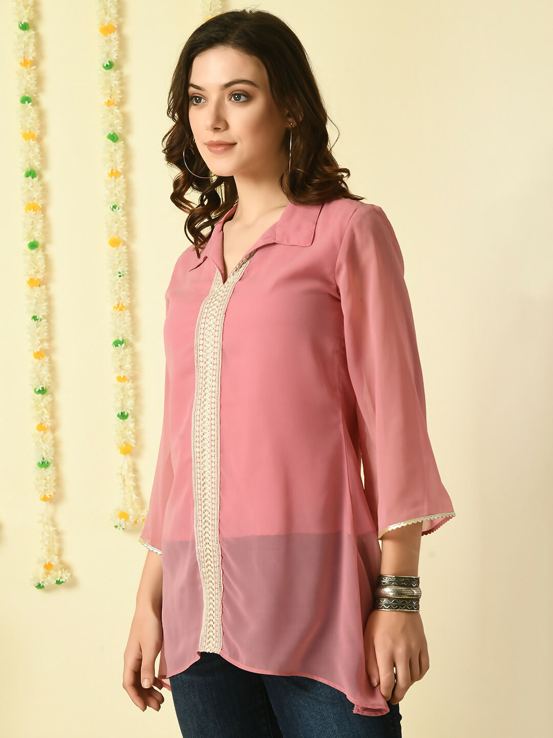 Myshka Women's Pink Embroidered Party Fusion Top