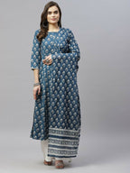 Miravan Women's Cotton Floral Print Anarkali Kurta With Dupatta