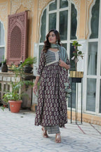 Vastranavya Wine Pure Cotton Printed Top with Pant & Dupatta Set