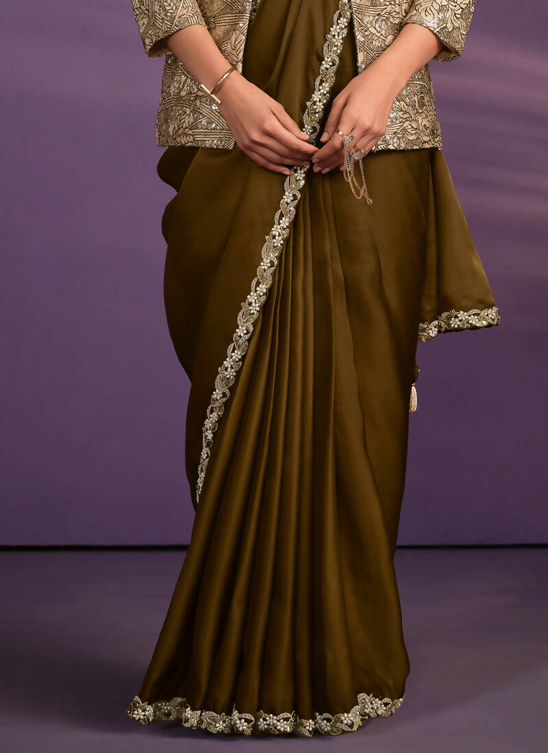 Olive Crepe Shimmer Silk Embroidered Saree With Stitched Blouse - Mohmanthan Exotica
