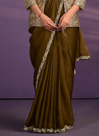 Olive Crepe Shimmer Silk Embroidered Saree With Stitched Blouse - Mohmanthan Exotica