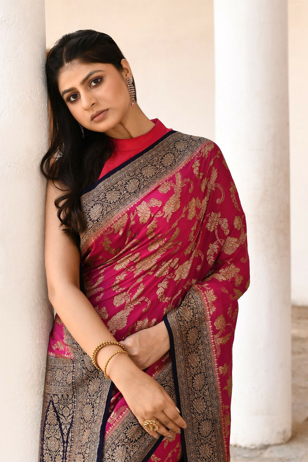 Joban Fashion Hot Pink Crepe Chiffon Pure Handloom Banarasi Silk Saree