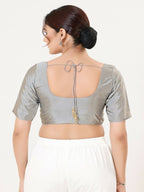 Joban Fashion Grey Taffeta Silk Elbow Sleeveless Front Open Blouse