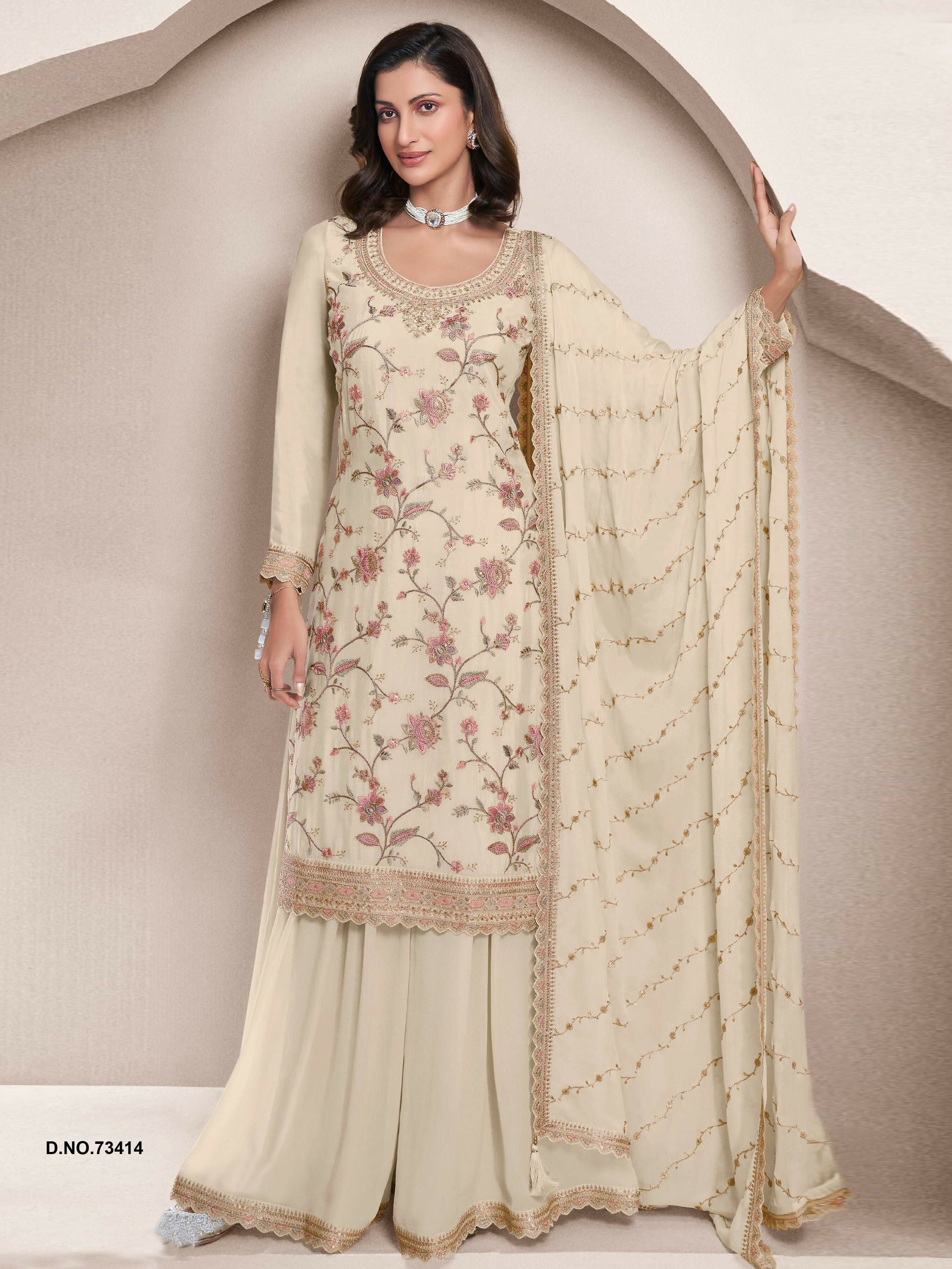 Anaita Off White Heavy Chinon With Embroidery Sharara Suit (bottom Stitched) - Distacart