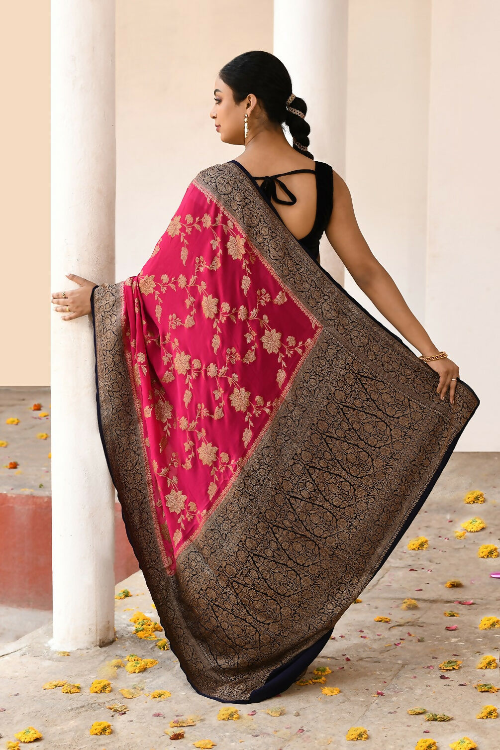 Joban Fashion Fuchsia Crepe Chiffon Pure Handloom Banarasi Silk Saree