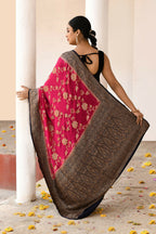 Joban Fashion Fuchsia Crepe Chiffon Pure Handloom Banarasi Silk Saree