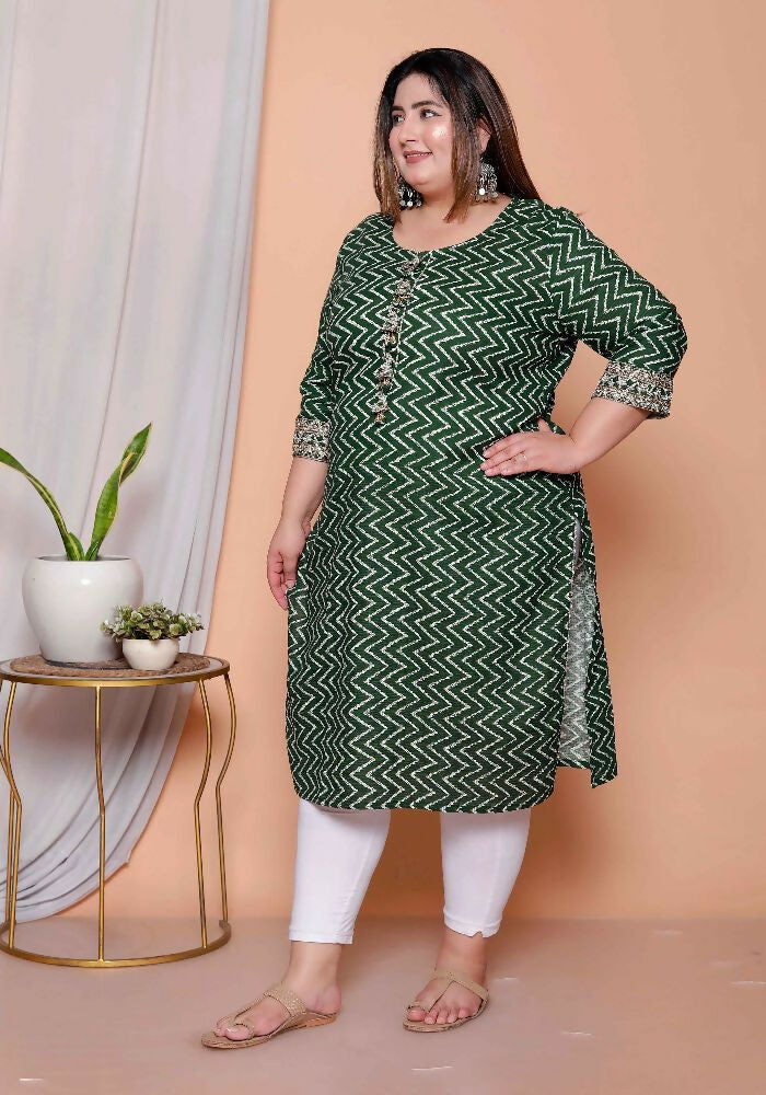 Miravan Womens Plus Size Green Zigzag Print Embroidery Rayon Straight Kurta - Distacart