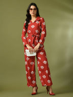 Myshka Women's Rust Printed Polo Collar Party Top With Trousers Co-ord set