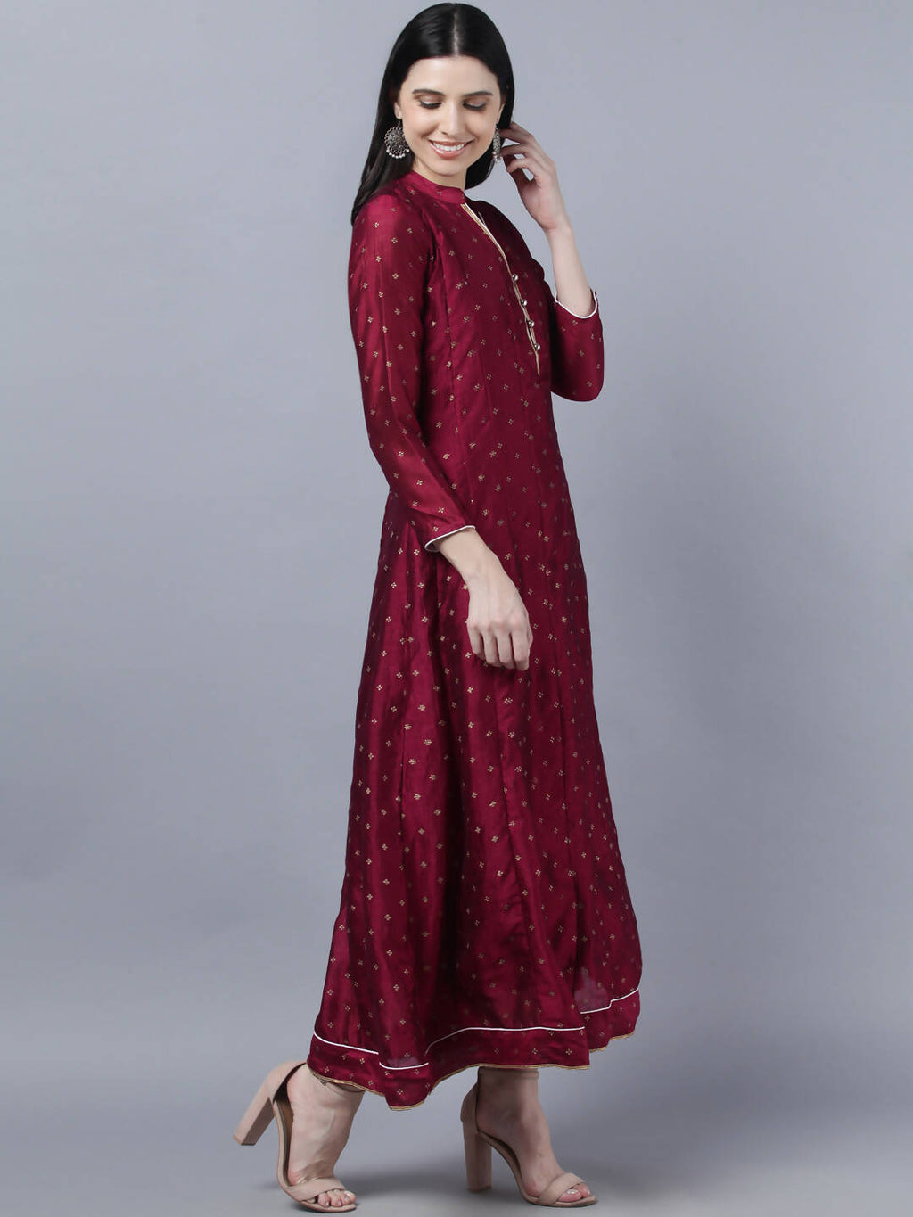 Myshka Women Brown Gold-Toned Anarkali Kurta With Dupatta - Distacart