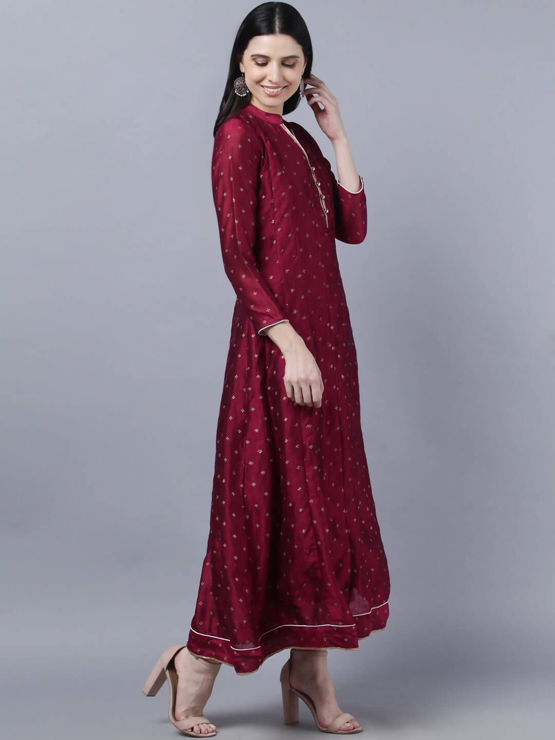 Myshka Women Brown Gold-Toned Anarkali Kurta With Dupatta - Distacart