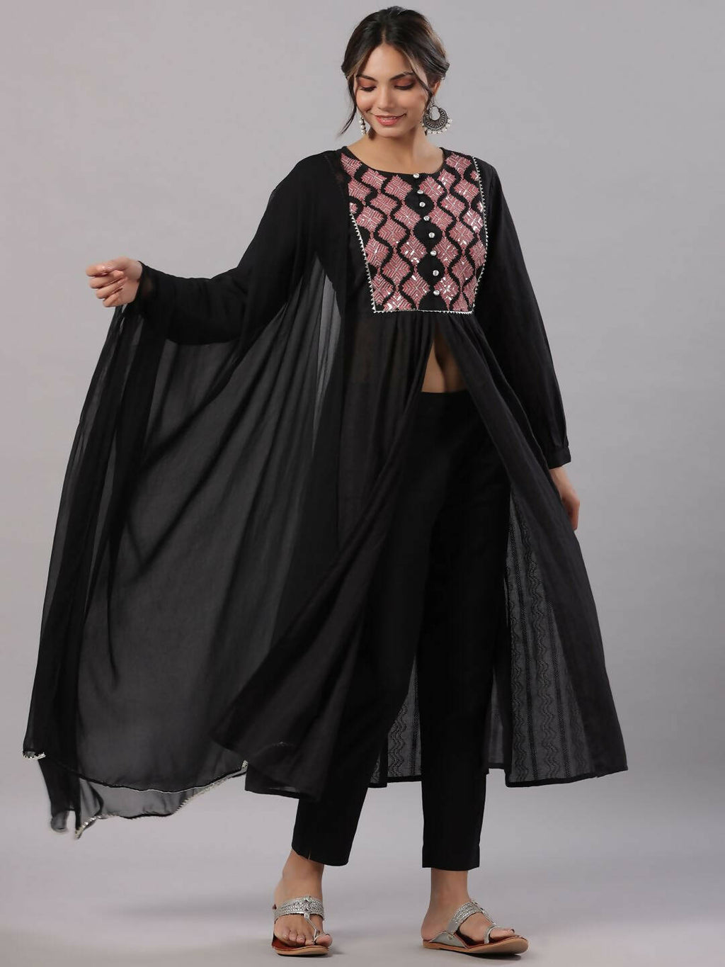 Juniper Women's Black Cotton Dobby Solid With Embroidery Flared Kurta Sets - Distacart