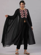 Juniper Women's Black Cotton Dobby Solid With Embroidery Flared Kurta Sets - Distacart