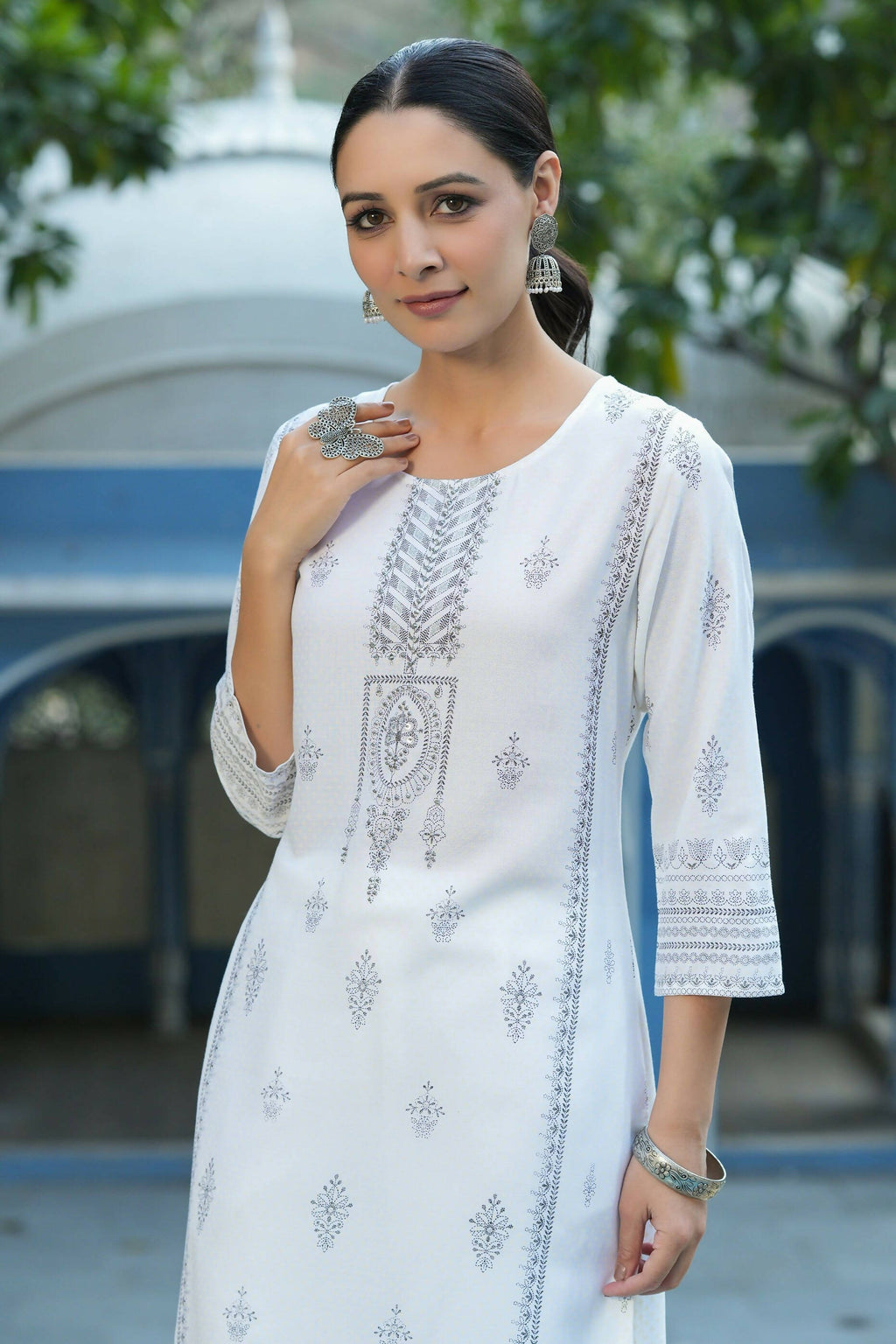 Juniper Women's White Rayon Placement Printed Straight Kurta - Distacart