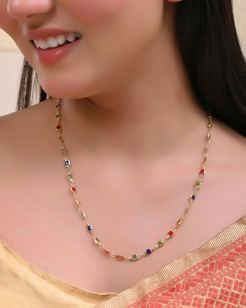 VOJ Women Gold-Polished Square Shaped Multi Color Chain