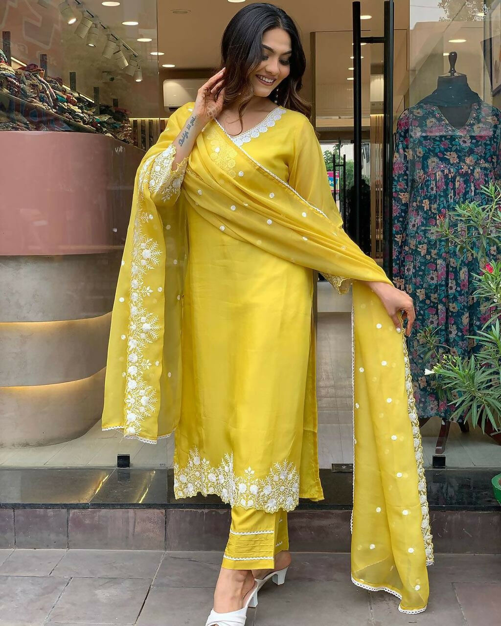 The52 Yellow Women's Gorgeous Embroidered Georgette Fabric Straight Kurta Pant with Dupatta Set - Distacart