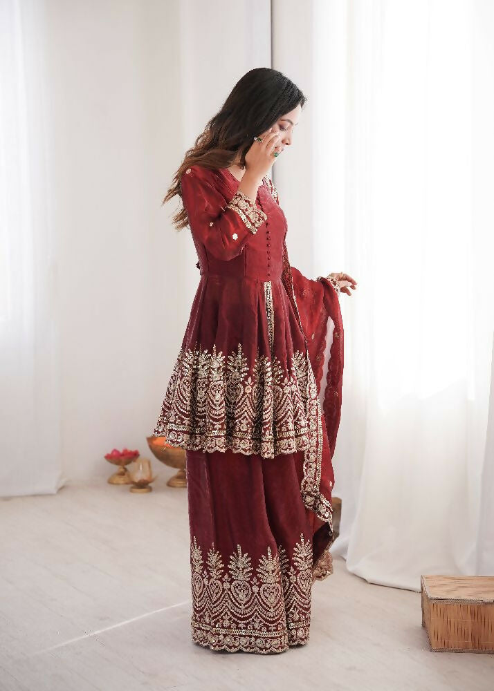 Teeya Creation Maroon Color Fendy Satin Silk Embroidery Work Party Wear Salwar Suit - Distacart