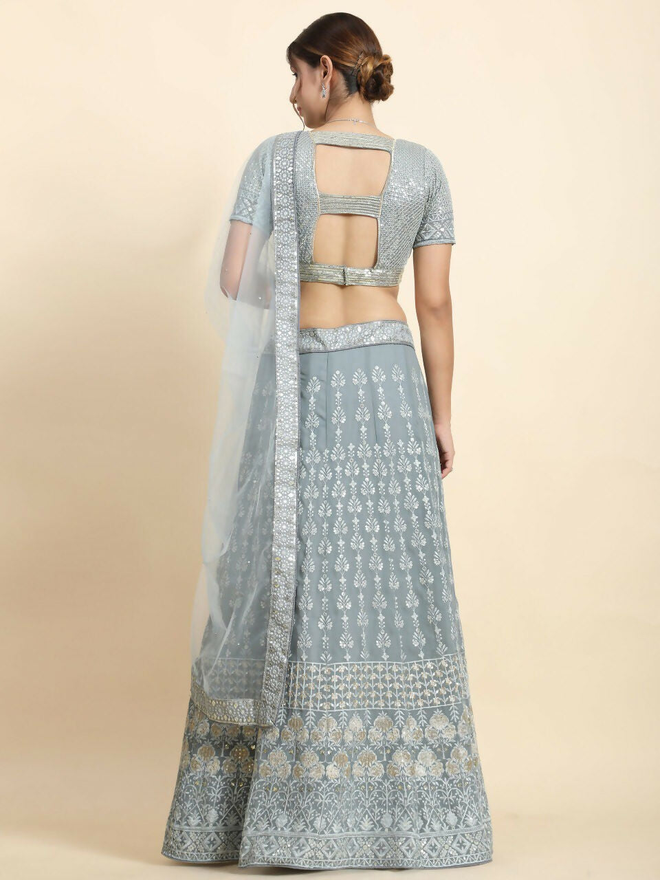 Jyoti Fashion Mesmerizing Grey Faux Georgette 3MM Sequins with Thread & Jari Embroidery Lehenga Choli with Dupatta