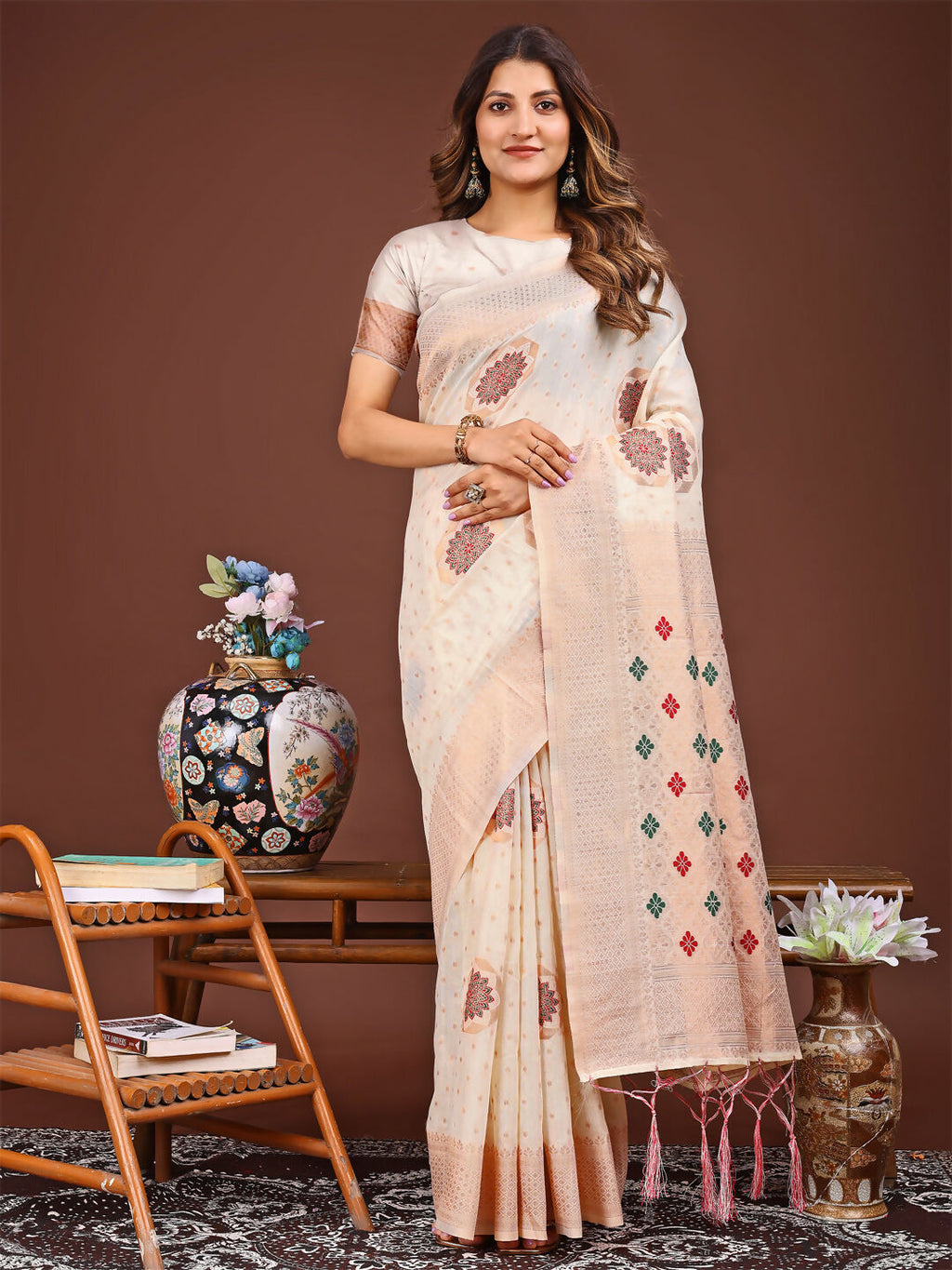 Shree Shyam Fashion Neerja White Linen Cotton Saree
