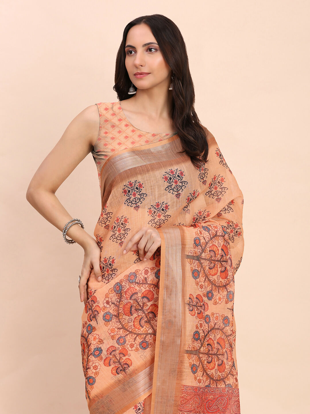 Shree Shyam Fashion Linen Cotton Orange Saree - Distacart
