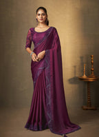 Purple Satin Silk Thread Embroidered with Swaroski Work Saree With Unstitched Blouse Piece - Norita Royal Erisha