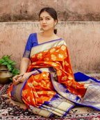 DEIANA'S Beautiful Designer Golden zari Soft Lichi Silk Saree - Orange