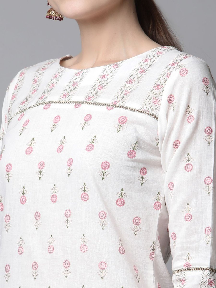 Ahalyaa Women White Pure Cotton Printed Kurta Pant Set