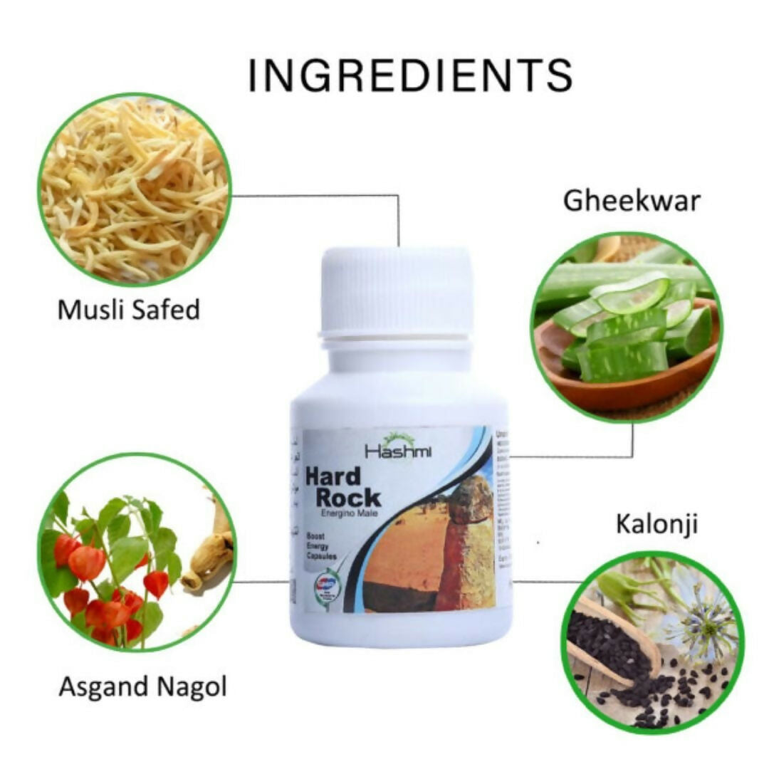 Hashmi Pharmacy Hard Rock Capsules are formulated with natural ingredients like Ashwagandha, Safed Musli, Gokshur, Gheekwar, and more. - Distacart