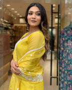 The52 Yellow Women's Gorgeous Embroidered Georgette Fabric Straight Kurta Pant with Dupatta Set - Distacart
