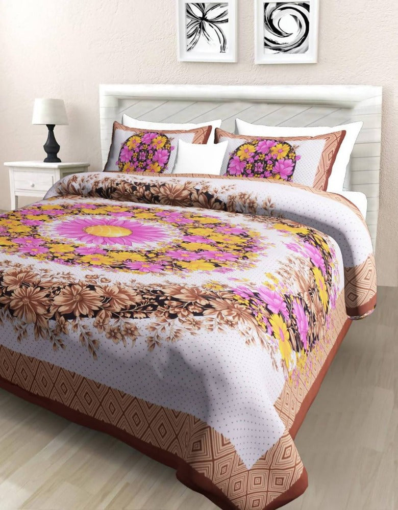 Vamika Printed Cotton Brown Bedsheet With Pillow Covers (PM Floral Brown)