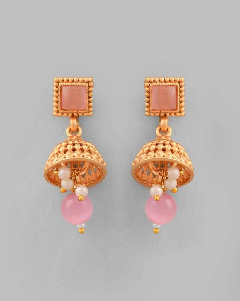 VOJ Gold-Polished Pink Stone Studded Jewellery Set