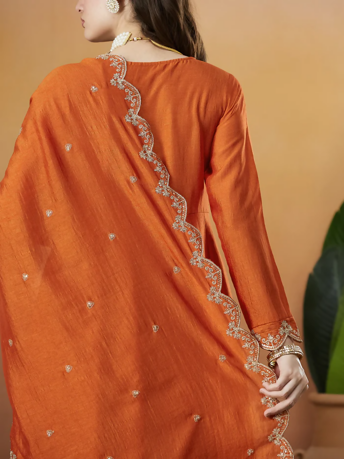 The52 Orange Women's Beautiful Vichitra Silk Fabric Embroidered Work Flared Anarkali Pant and Dupatta Set - Distacart