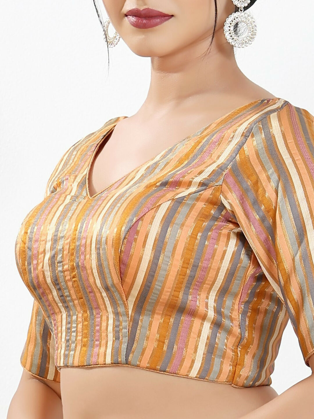 Joban Fashion Peach Multi Brocade Padded Blouse With V Neck Elbow Sleeves - Distacart