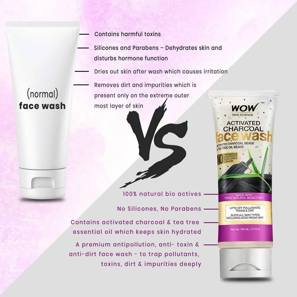 Wow Skin Science Charcoal + Glycolic Acid Detoxifying Face Wash for Oil Control + Gentle Exfoliation with Tea Tree & Aloe