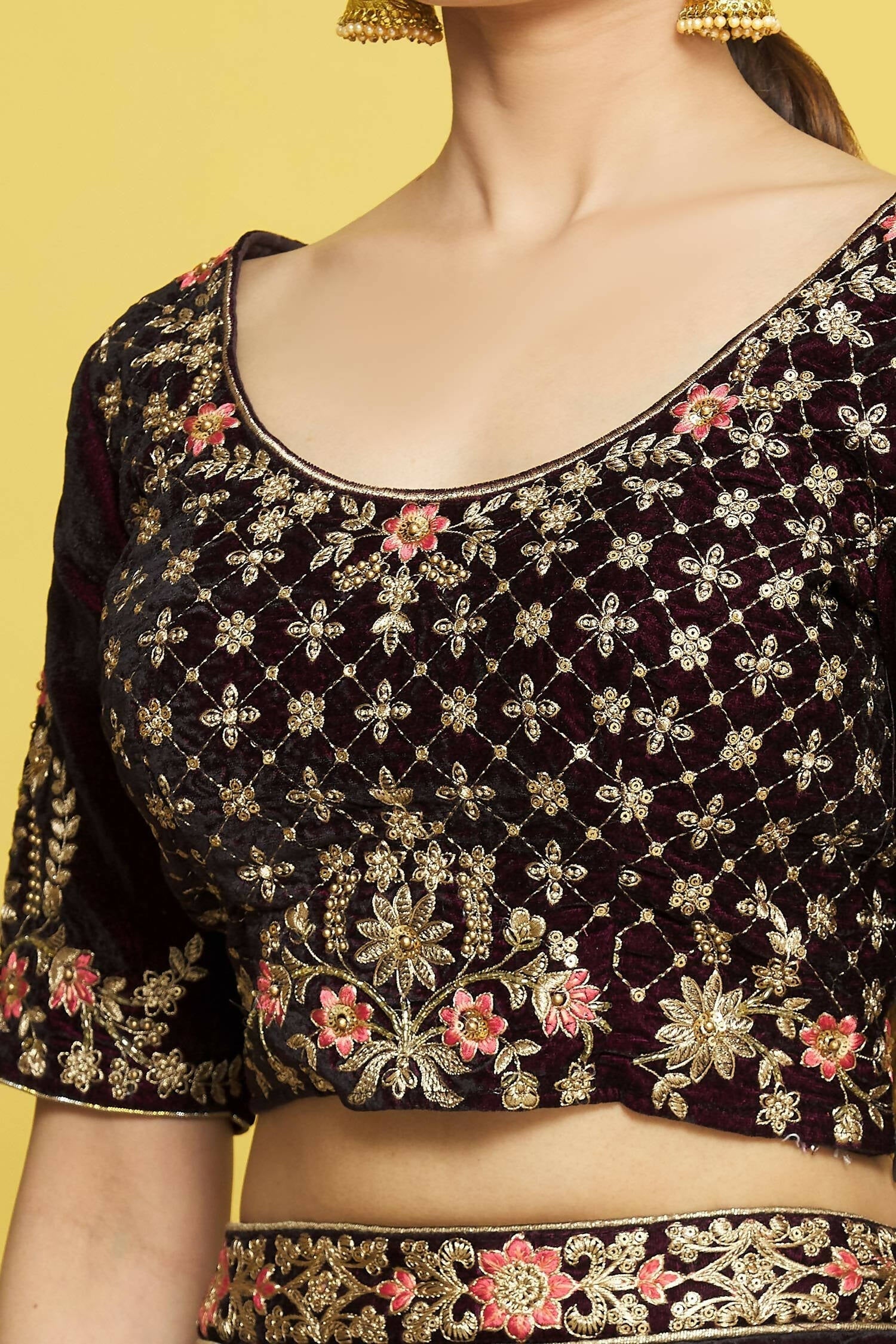 Wine Velvet Semi-Stitched Wedding Bridal Lehenga - Nimaya