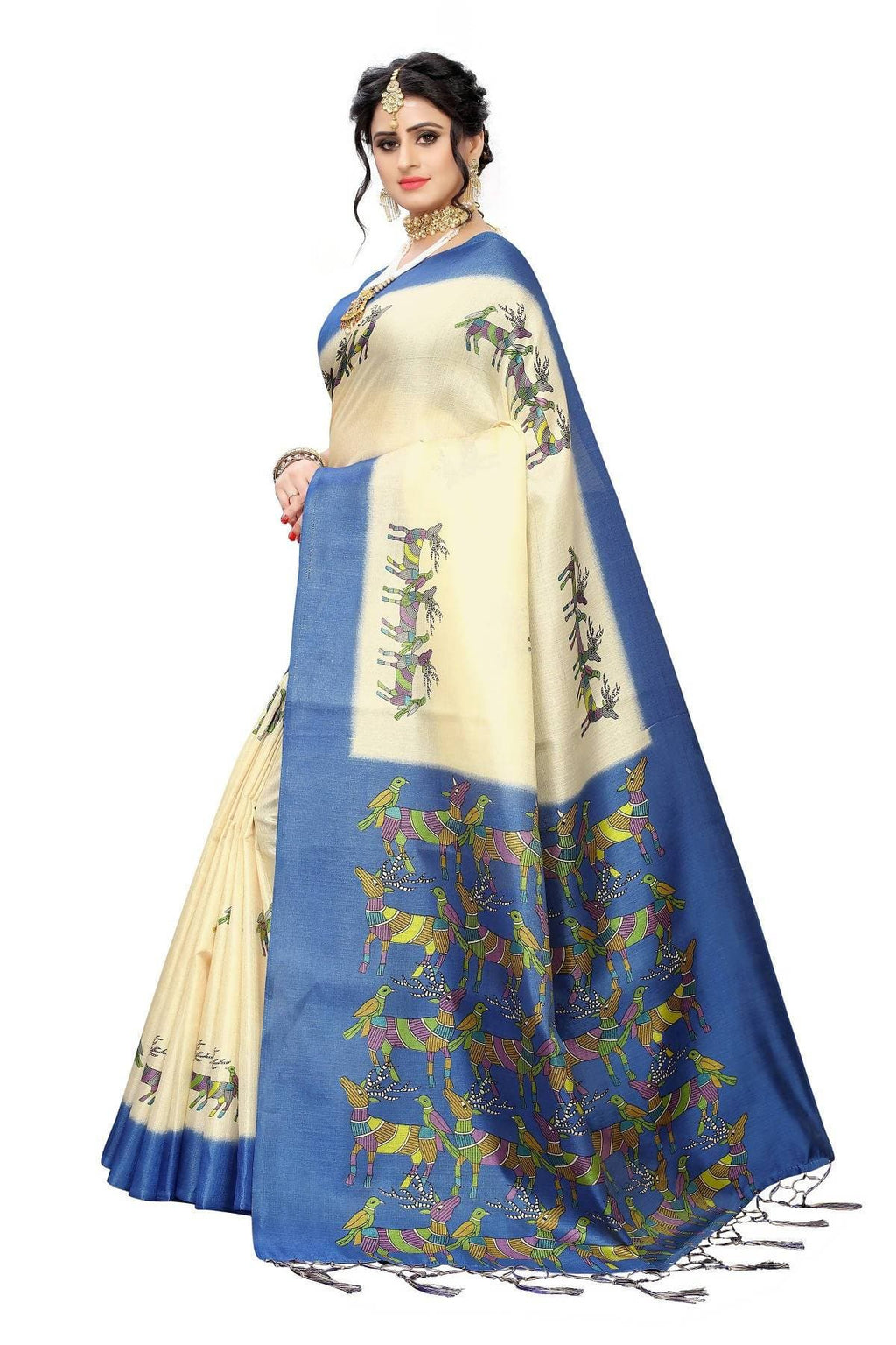 Vamika Multicolor & Blue Kalamkari With Jhalar Khadi Silk Saree