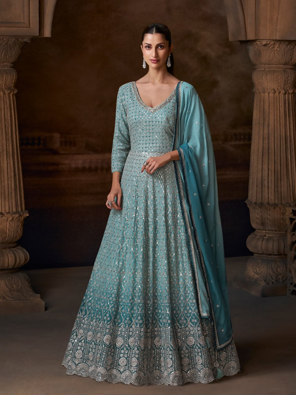 Anaita Blue Real Georgette Stitched Anarkali Suit with Embroidery & Sequence Work - Distacart