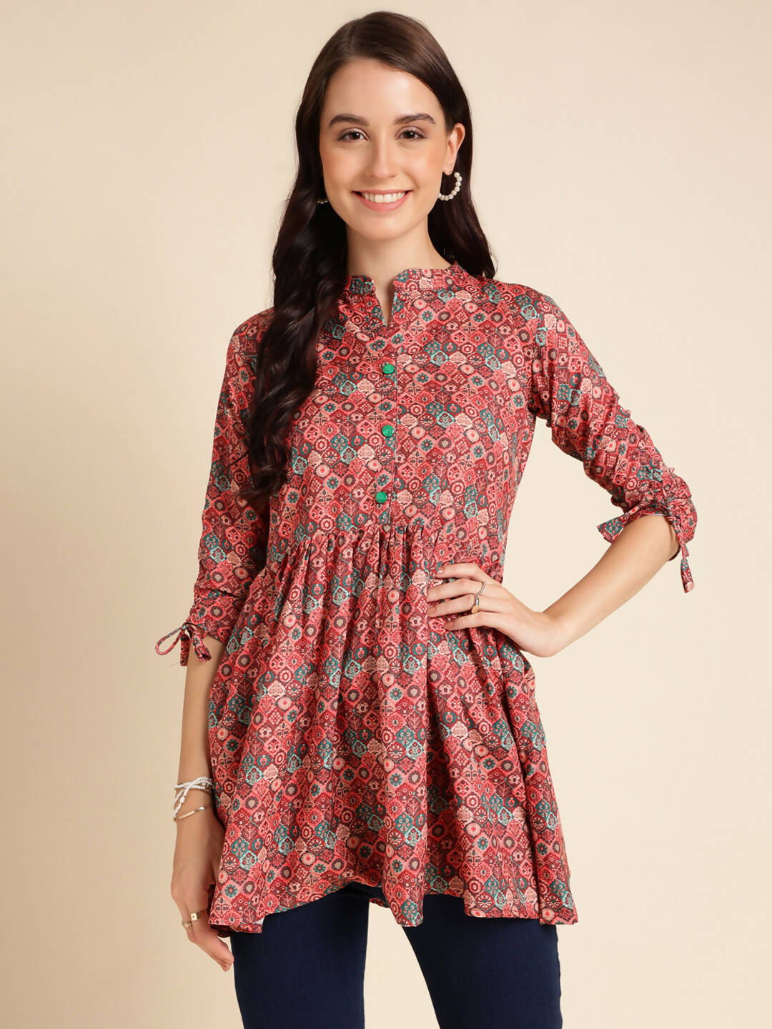 Red Poly Rayon Digital Printed A-line Top - Tarini