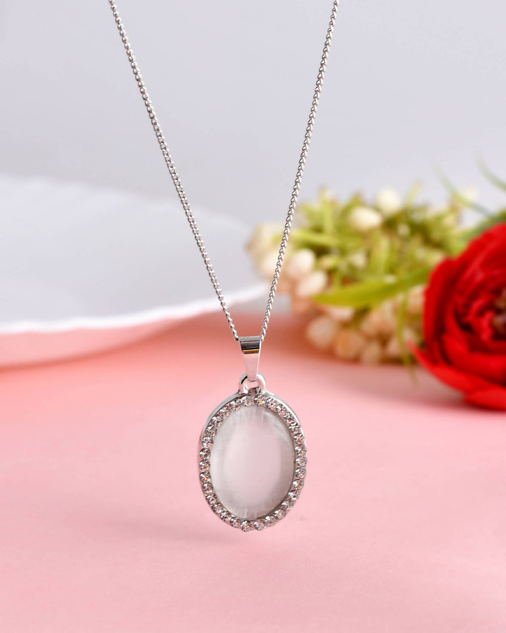 VOJ Women Beads Stainless Steel Sliver-Plated Chain with Oval-Shape Pendant